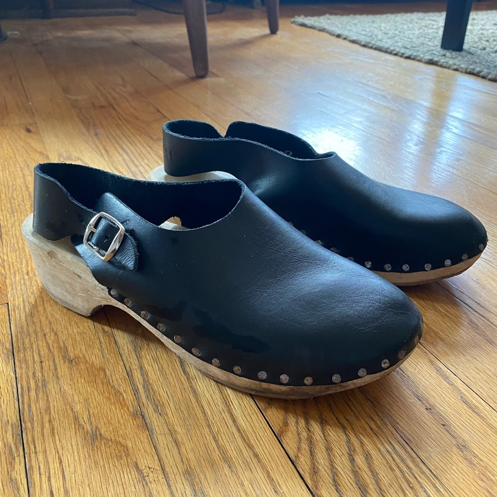 Black Leather Mules with Wooden Heel - Picture 3 of 6